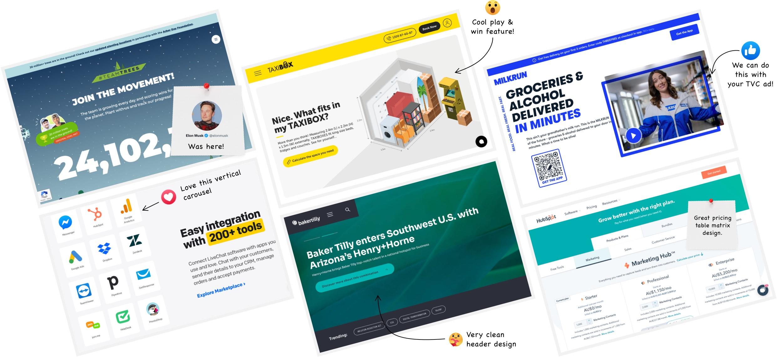 A collage of high-performing websites Hustle Agency has researched